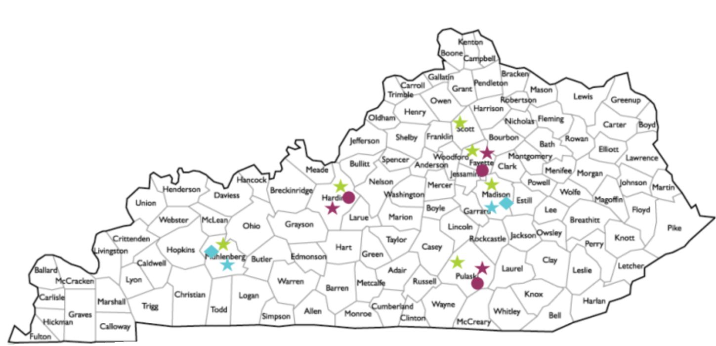 Kentucky map with locations of PLE offerings